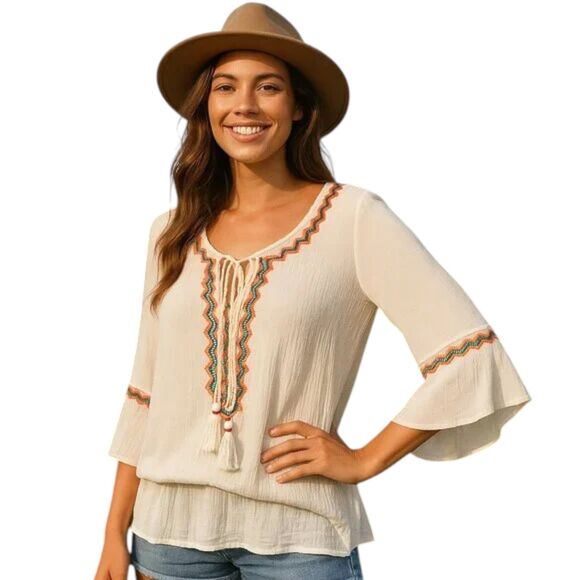 NEW POL Small Off-White Crinkled Cotton Blouse Embroidered Tie Tassels BOHO - Picture 1 of 15